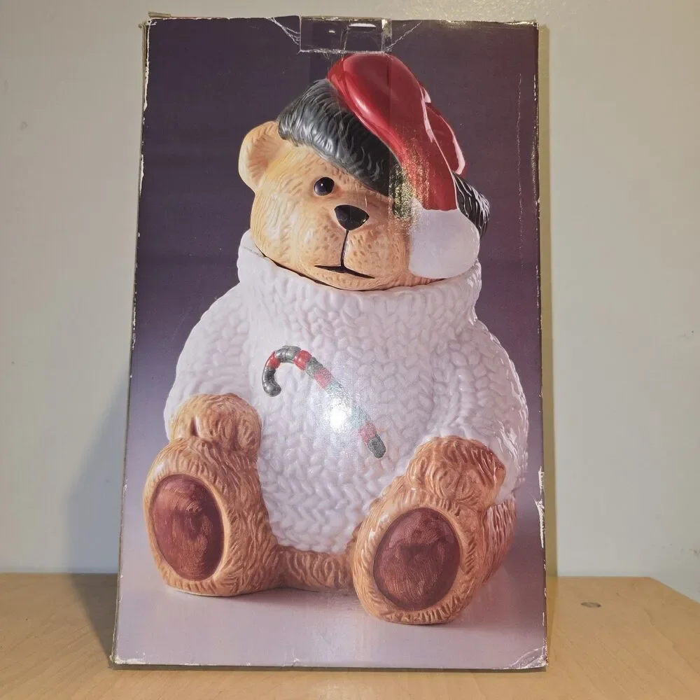 Vintage Ceramic Teddy Bear Cookie Jar Barrel Winter Holiday Xmas